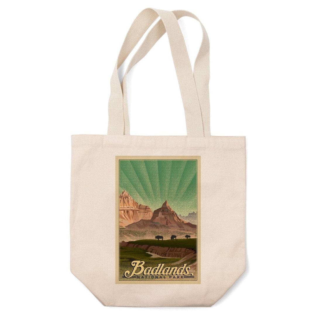 Badlands National Park, South Dakota, Bison in the Park, Lithograph National Park Series, Lantern Press Artwork, Tote Bag Totes Lantern Press 