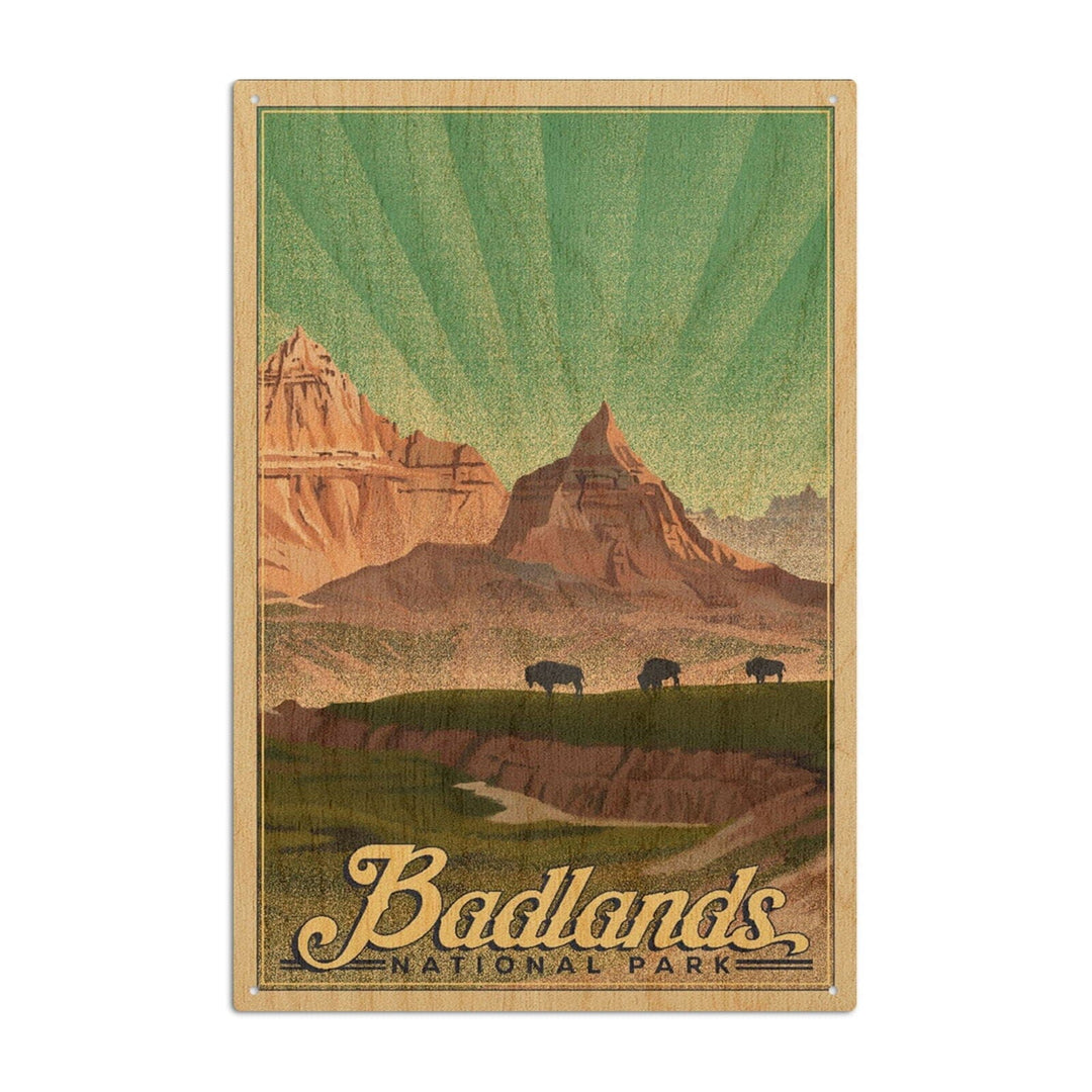 Badlands National Park, South Dakota, Bison in the Park, Lithograph National Park Series, Lantern Press Artwork, Wood Signs and Postcards Wood Lantern Press 10 x 15 Wood Sign 