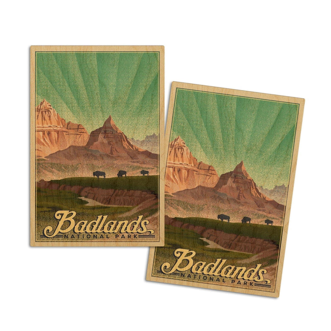 Badlands National Park, South Dakota, Bison in the Park, Lithograph National Park Series, Lantern Press Artwork, Wood Signs and Postcards Wood Lantern Press 