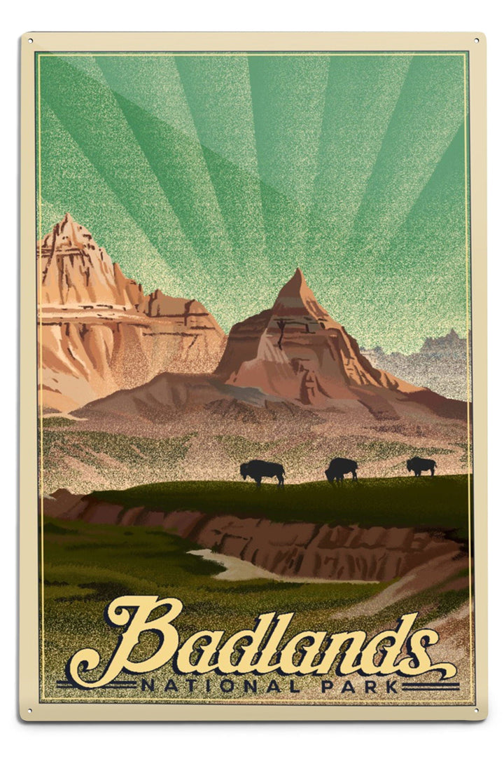 Badlands National Park, South Dakota, Bison in the Park, Lithograph National Park Series, Metal Signs Metal Lantern Press 12x18 Metal Sign 