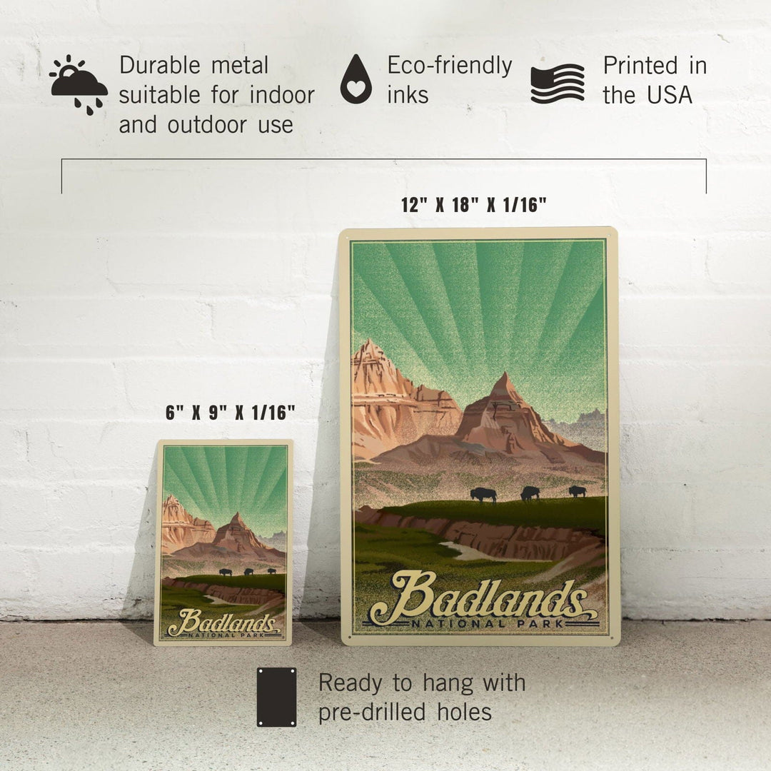 Badlands National Park, South Dakota, Bison in the Park, Lithograph National Park Series, Metal Signs Metal Lantern Press 