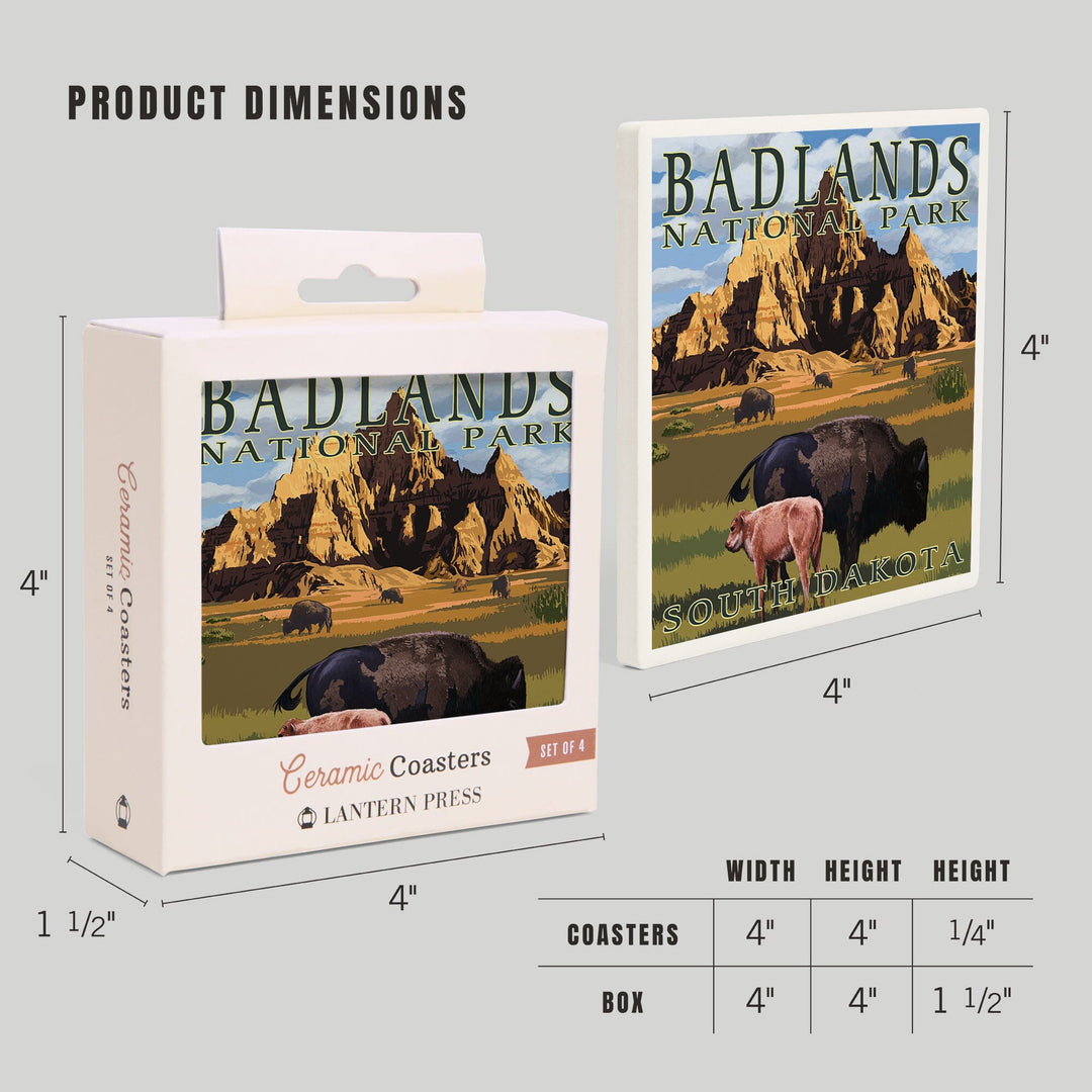 Badlands National Park, South Dakota, Bison Scene, Painterly Series, Coasters Coasters Lantern Press 