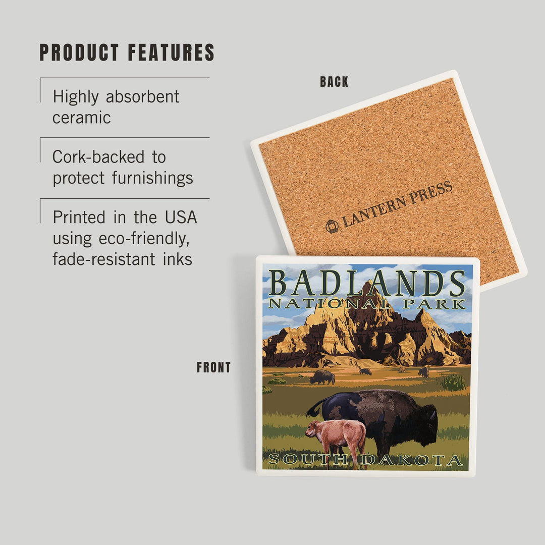 Badlands National Park, South Dakota, Bison Scene, Painterly Series, Coasters Coasters Lantern Press 