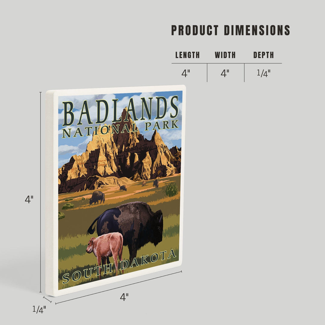 Badlands National Park, South Dakota, Bison Scene, Painterly Series, Coasters Coasters Lantern Press 