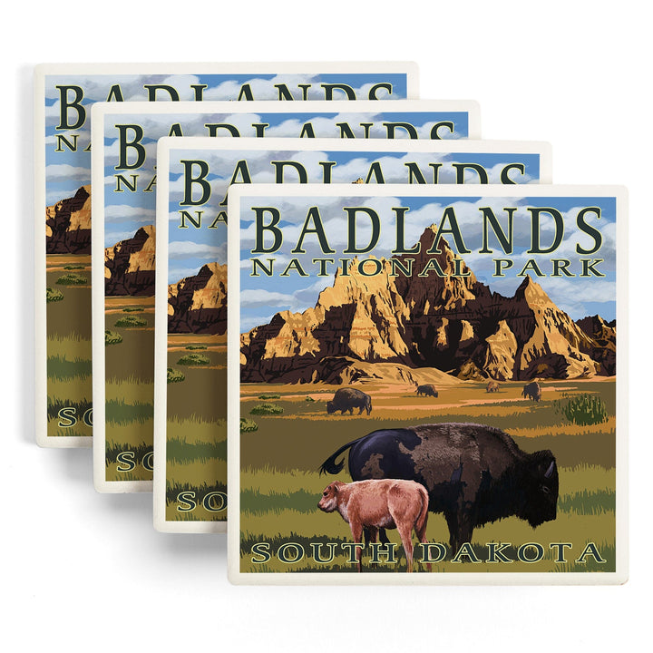 Badlands National Park, South Dakota, Bison Scene, Painterly Series, Coasters Coasters Lantern Press 