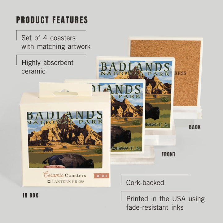 Badlands National Park, South Dakota, Bison Scene, Painterly Series, Coasters Coasters Lantern Press 