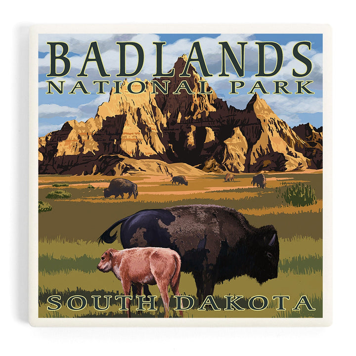 Badlands National Park, South Dakota, Bison Scene, Painterly Series, Coasters Coasters Lantern Press 