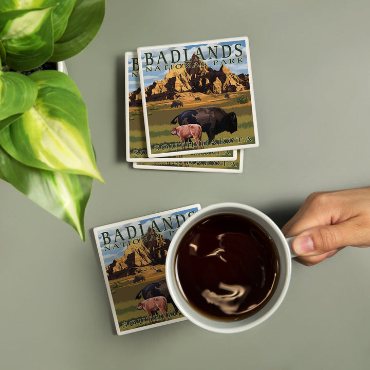 Badlands National Park, South Dakota, Bison Scene, Painterly Series, Coasters Coasters Lantern Press 