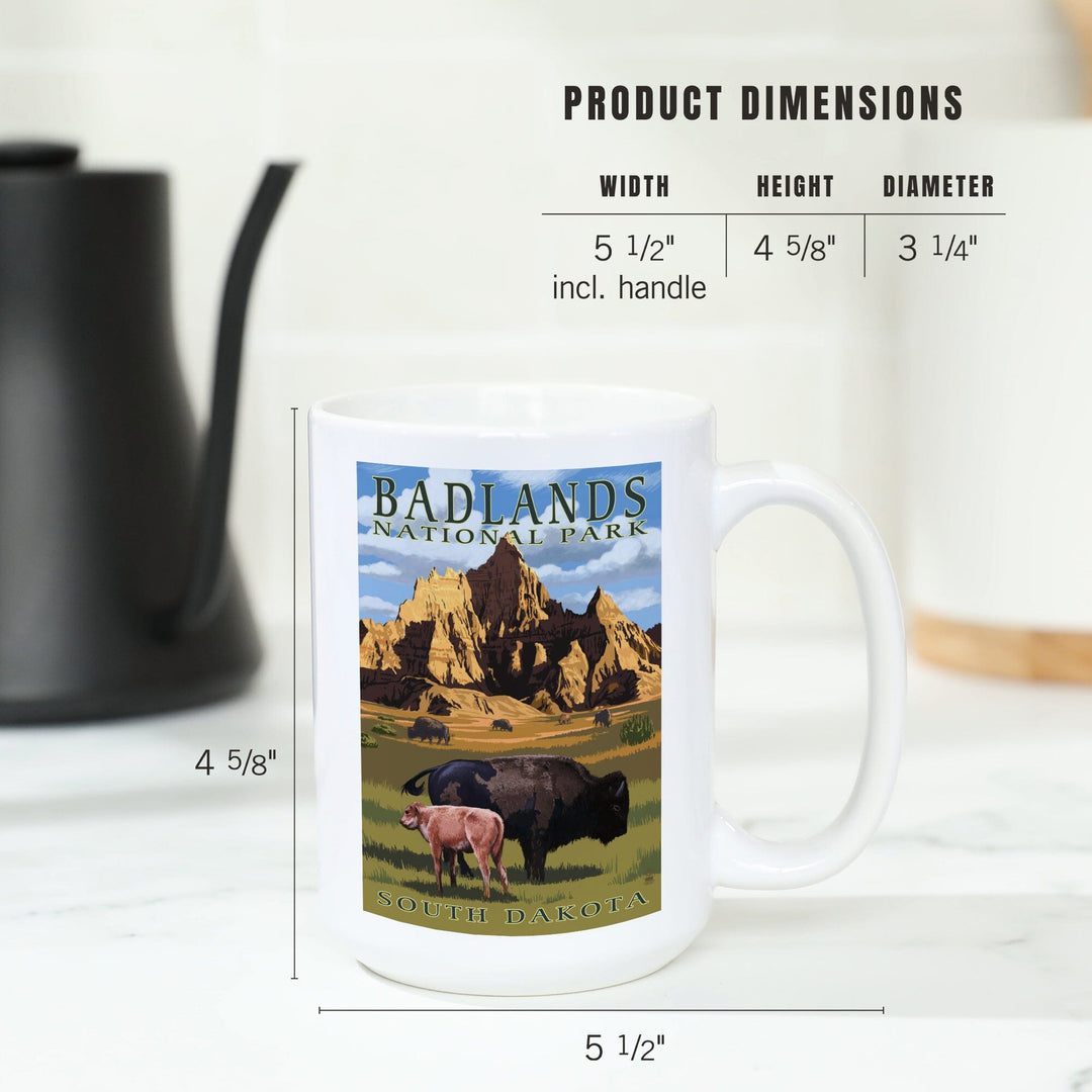 Badlands National Park, South Dakota, Bison Scene, Painterly Series, Lantern Press Artwork, Ceramic Mug Mugs Lantern Press 