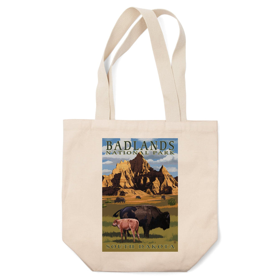Badlands National Park, South Dakota, Bison Scene, Painterly Series, Lantern Press Artwork, Tote Bag Totes Lantern Press 