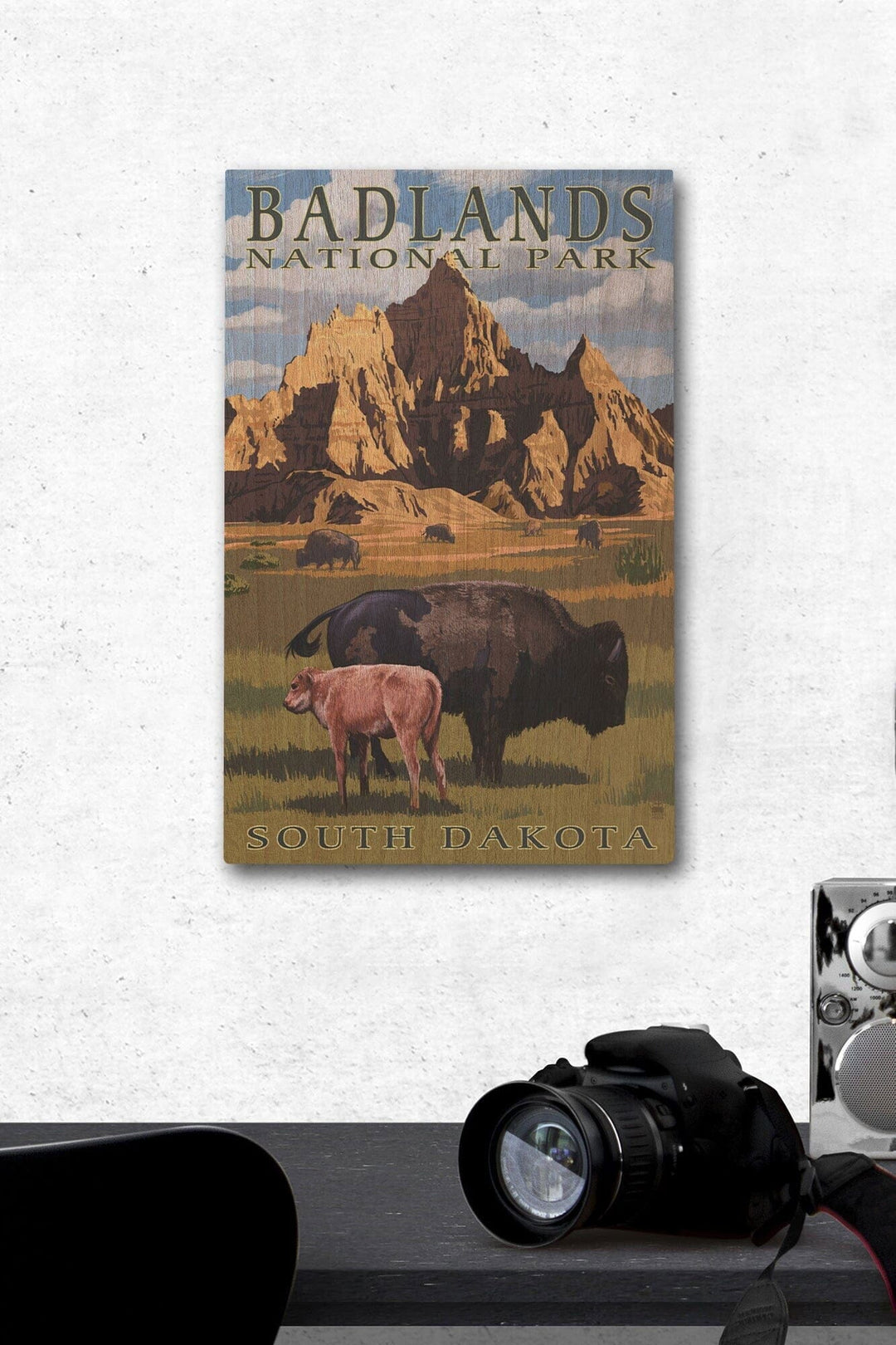 Badlands National Park, South Dakota, Bison Scene, Painterly Series, Lantern Press Artwork, Wood Signs and Postcards Wood Lantern Press 12 x 18 Wood Gallery Print 