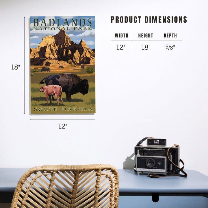 Badlands National Park, South Dakota, Bison Scene, Painterly Series, Lantern Press Artwork, Wood Signs and Postcards Wood Lantern Press 