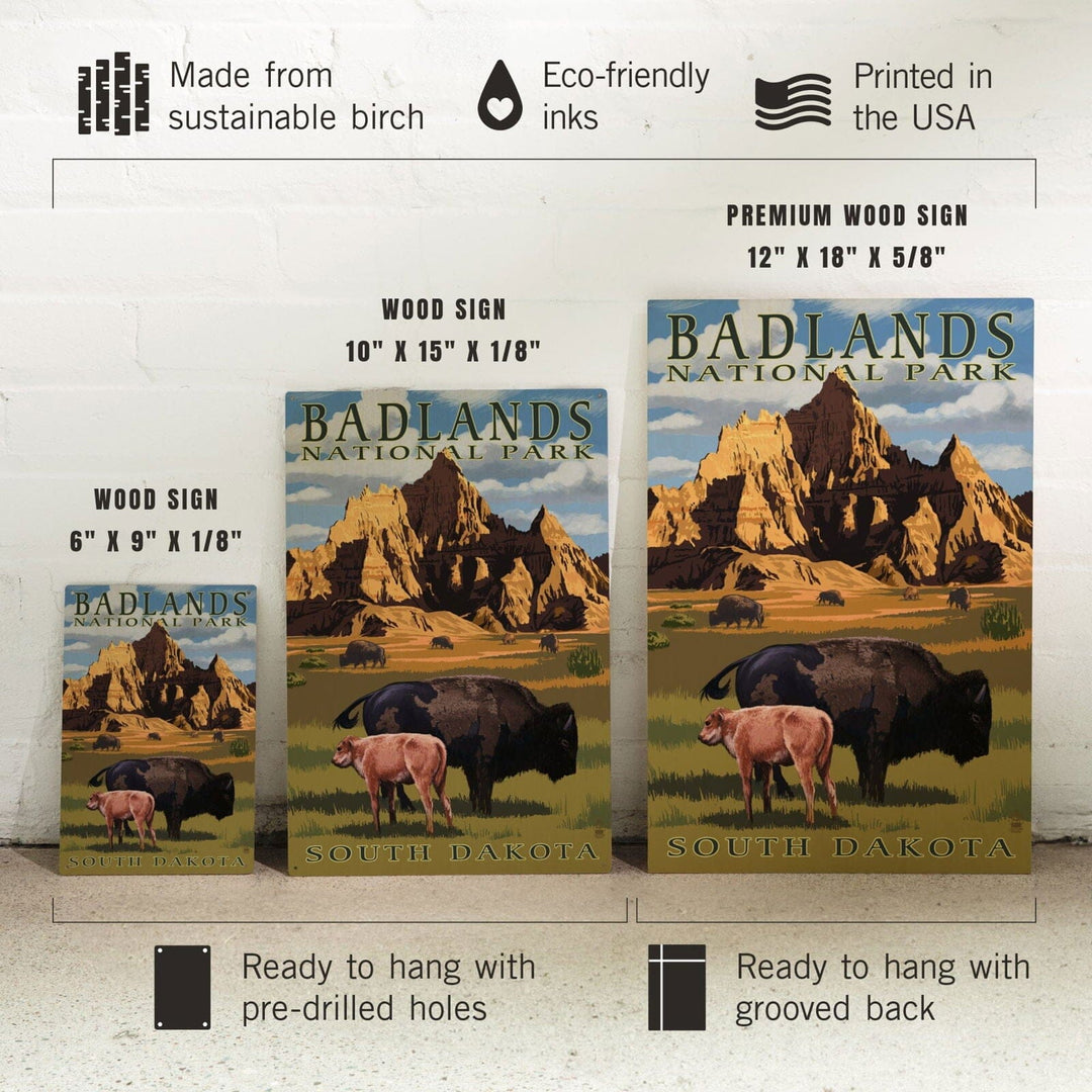 Badlands National Park, South Dakota, Bison Scene, Painterly Series, Lantern Press Artwork, Wood Signs and Postcards Wood Lantern Press 