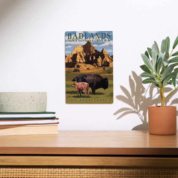 Badlands National Park, South Dakota, Bison Scene, Painterly Series, Lantern Press Artwork, Wood Signs and Postcards Wood Lantern Press 