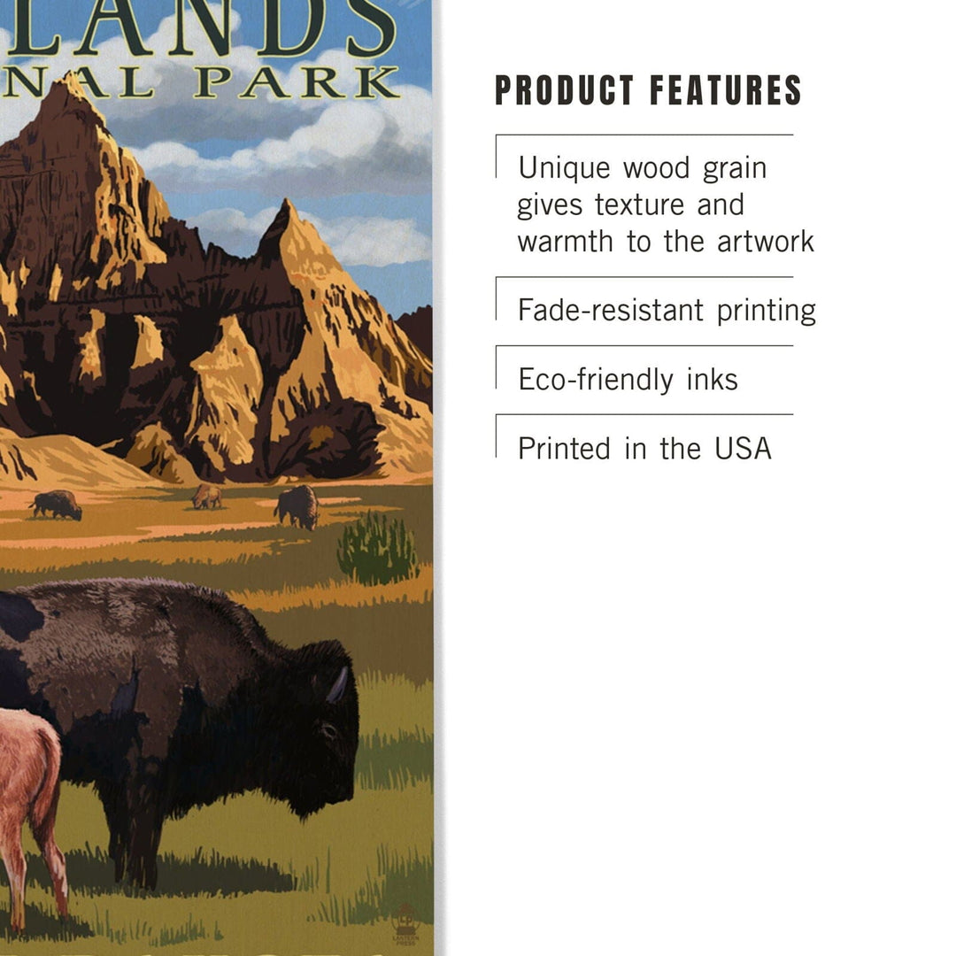 Badlands National Park, South Dakota, Bison Scene, Painterly Series, Lantern Press Artwork, Wood Signs and Postcards Wood Lantern Press 