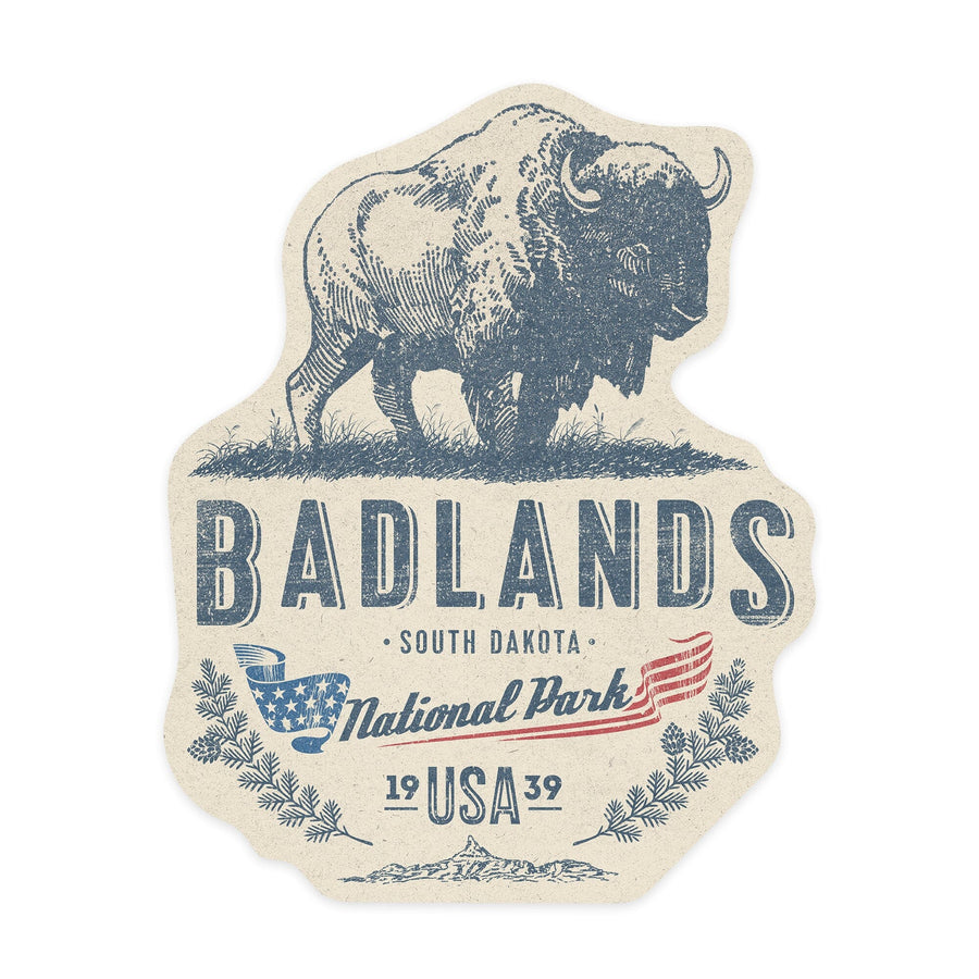 Badlands National Park, South Dakota, Buffalo, Contour, Vinyl Sticker Sticker Lantern Press 