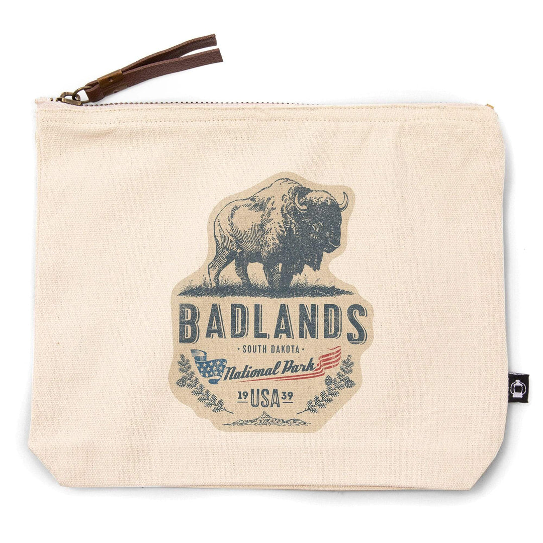 Badlands National Park, South Dakota, Buffalo,, Organic Cotton Zipper Pouch, Go Bag Go Bag Lantern Press 