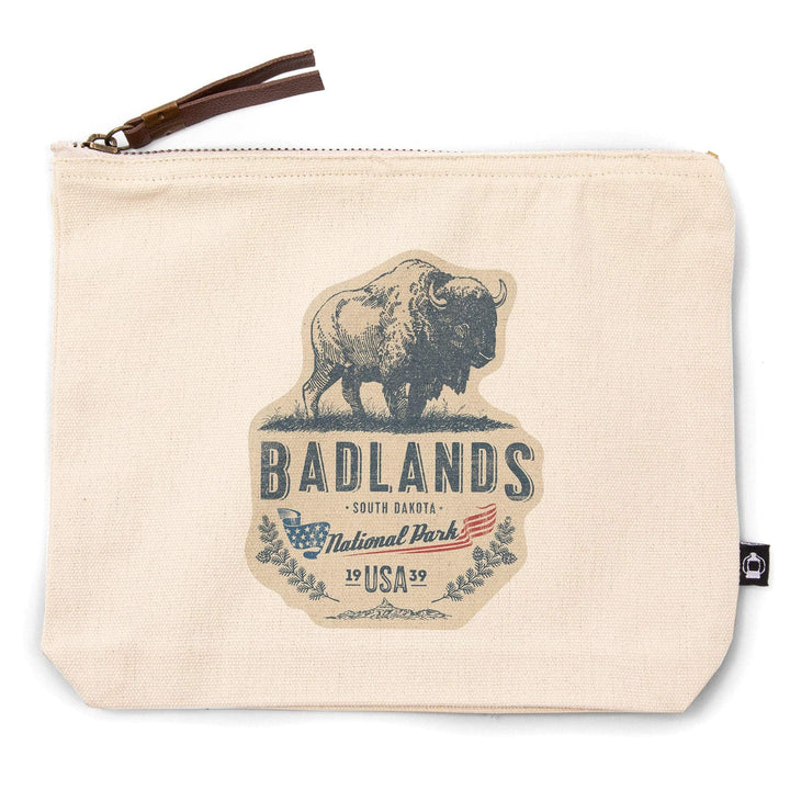 Badlands National Park, South Dakota, Buffalo,, Organic Cotton Zipper Pouch, Go Bag Go Bag Lantern Press 