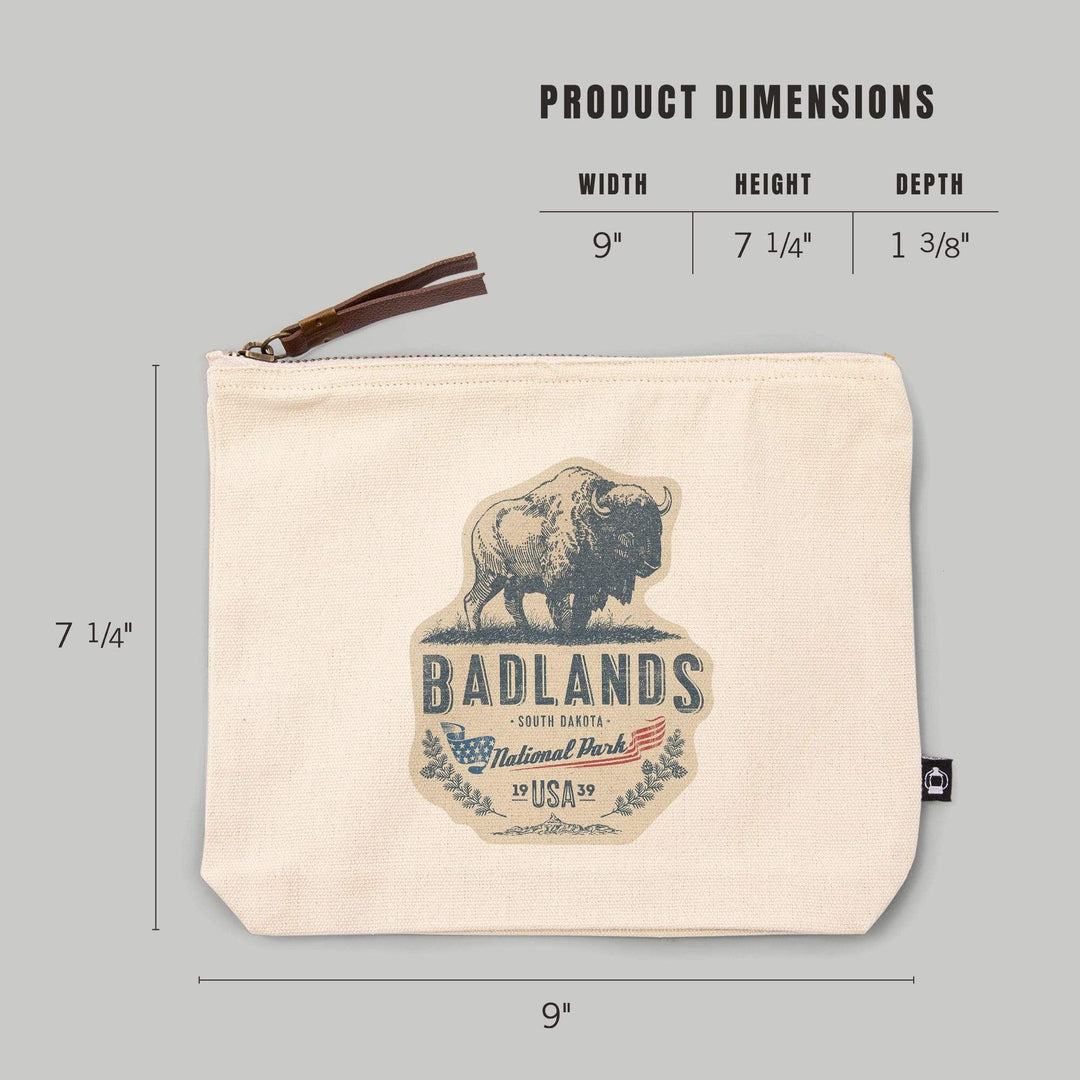 Badlands National Park, South Dakota, Buffalo,, Organic Cotton Zipper Pouch, Go Bag Go Bag Lantern Press 