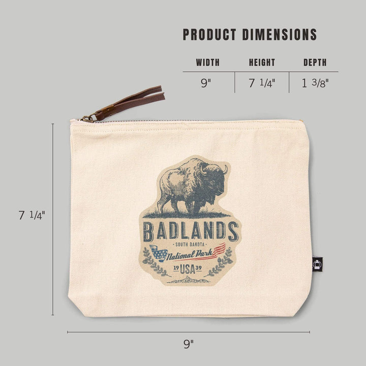 Badlands National Park, South Dakota, Buffalo,, Organic Cotton Zipper Pouch, Go Bag Go Bag Lantern Press 