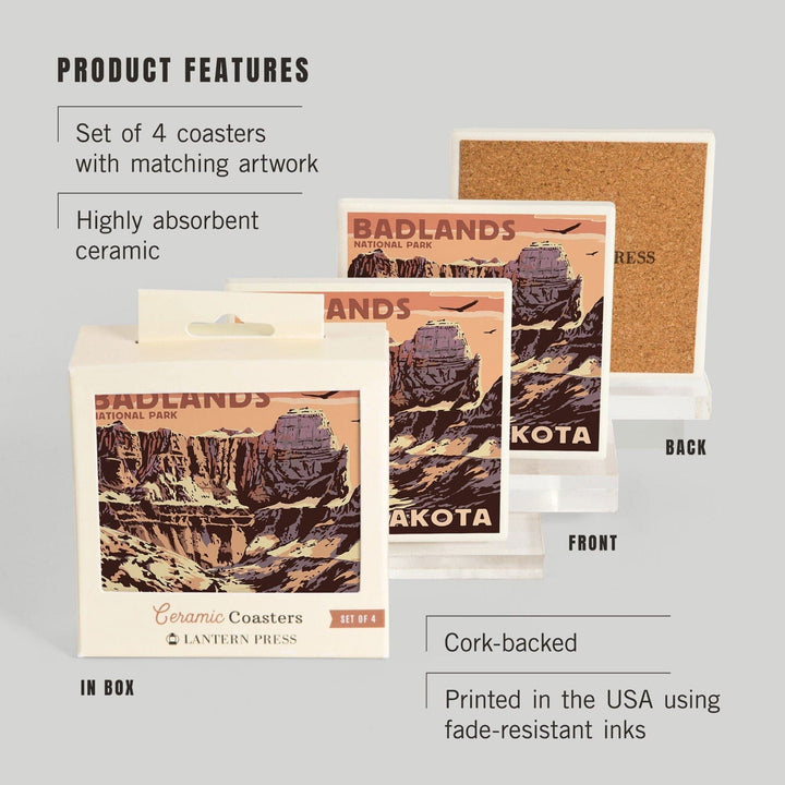 Badlands National Park, South Dakota, Castle Rock, Lantern Press Artwork, Coaster Set Coasters Lantern Press 