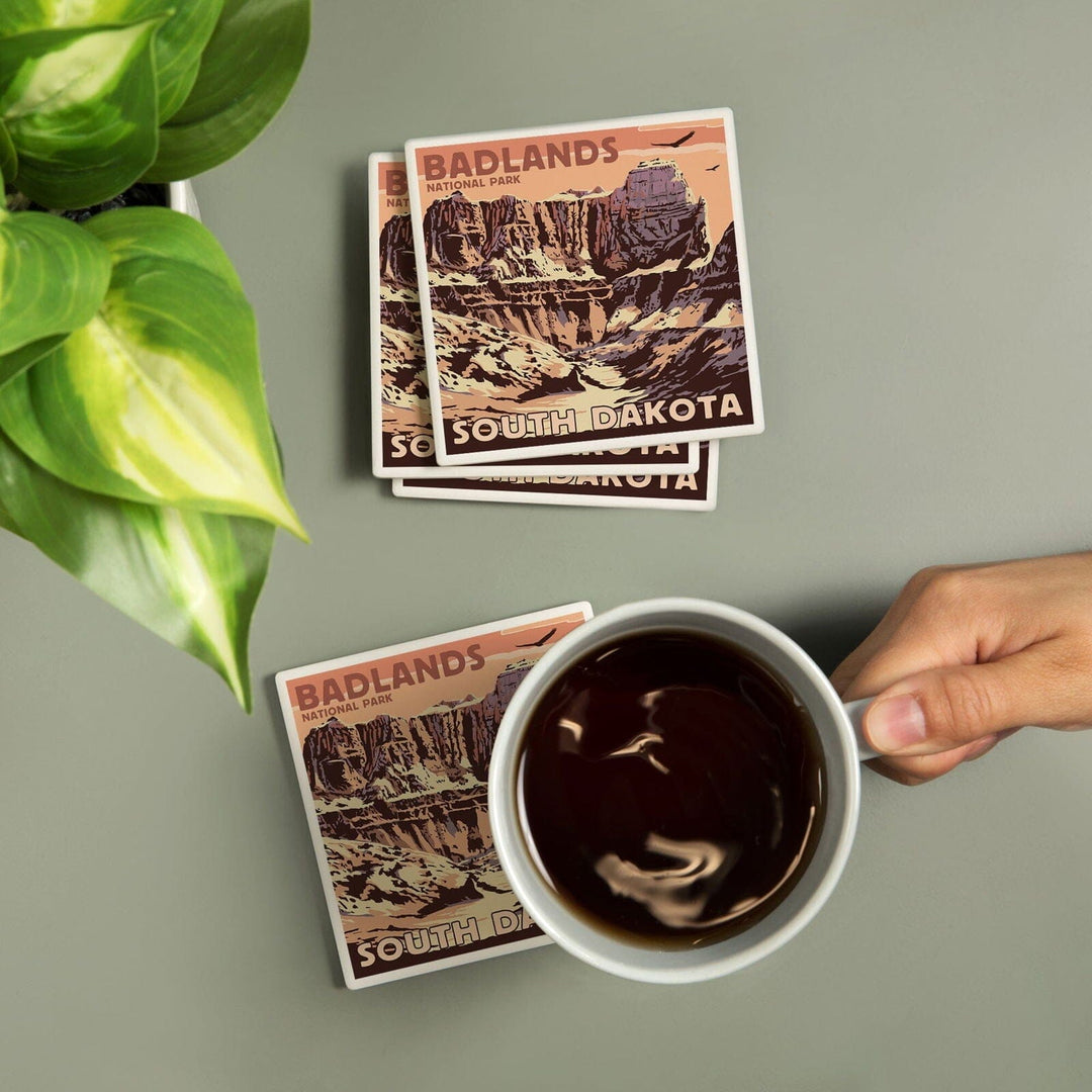 Badlands National Park, South Dakota, Castle Rock, Lantern Press Artwork, Coaster Set Coasters Lantern Press 