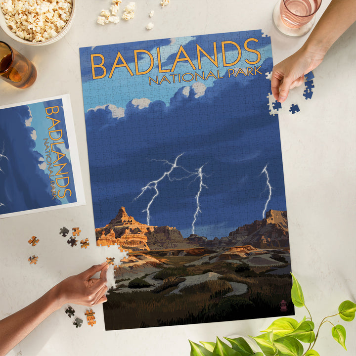 Badlands National Park, South Dakota, Desert Lightning Storm, Jigsaw Puzzle Puzzle Lantern Press 