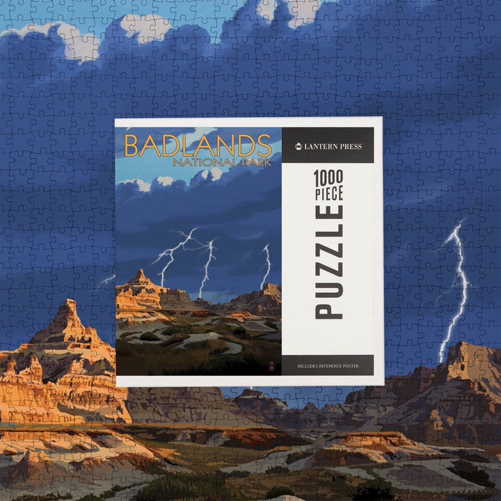 Badlands National Park, South Dakota, Desert Lightning Storm, Jigsaw Puzzle Puzzle Lantern Press 