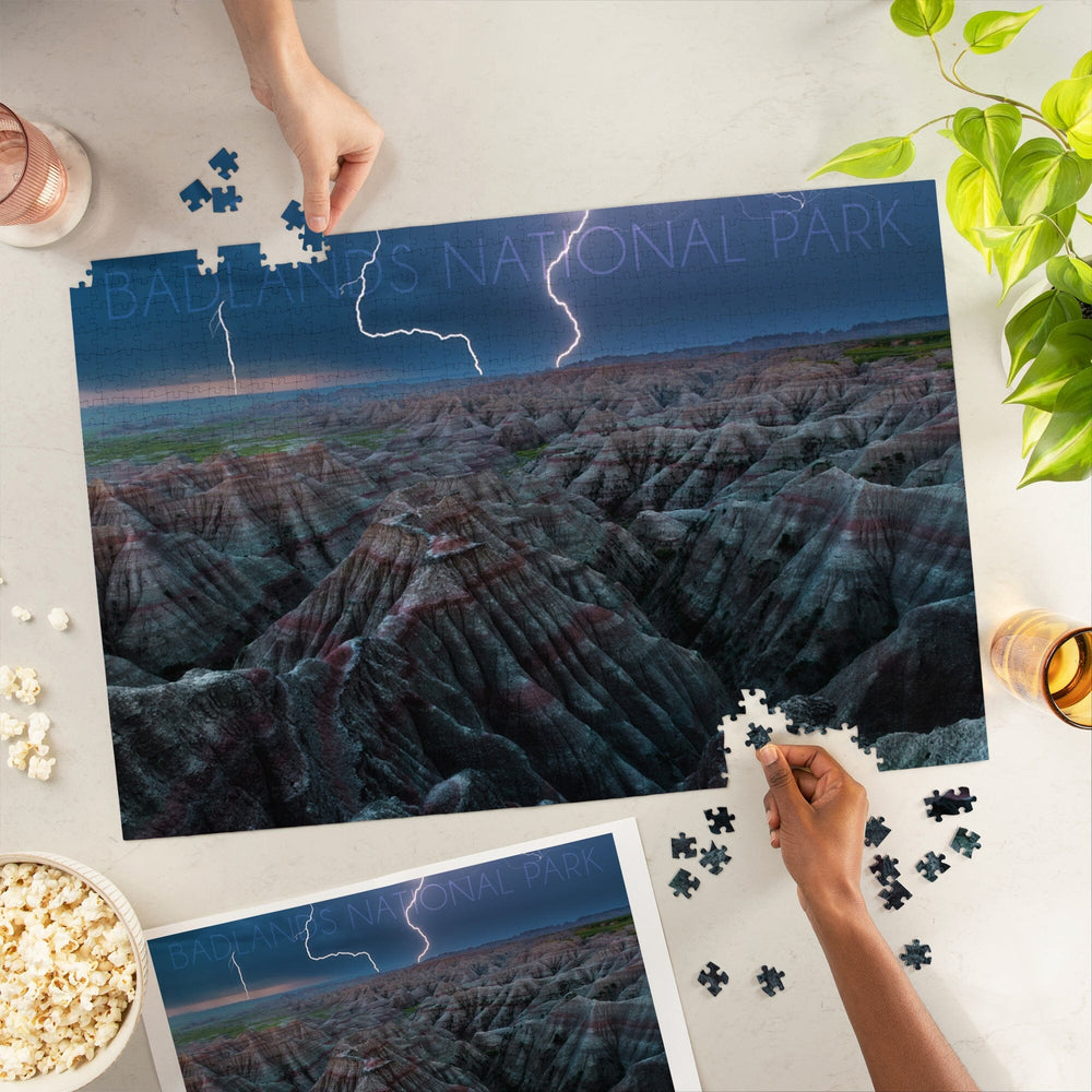 Badlands National Park, South Dakota, Lightning Storm, Jigsaw Puzzle Puzzle Lantern Press 