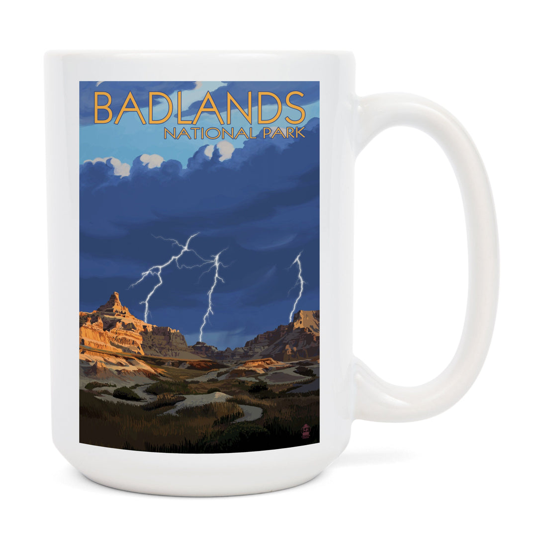 Badlands National Park, South Dakota, Lightning Storm, Lantern Press Artwork, Ceramic Mug Mugs Lantern Press 