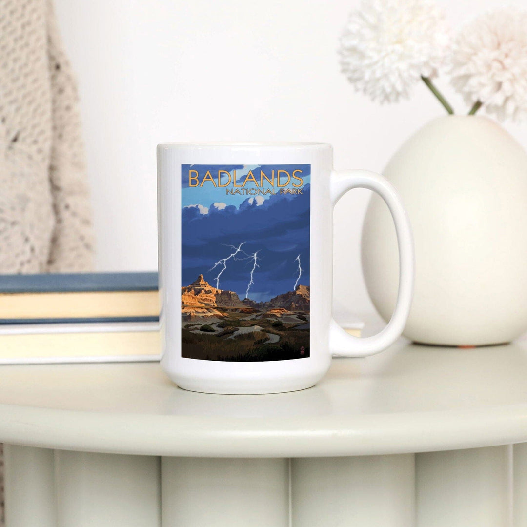 Badlands National Park, South Dakota, Lightning Storm, Lantern Press Artwork, Ceramic Mug Mugs Lantern Press 