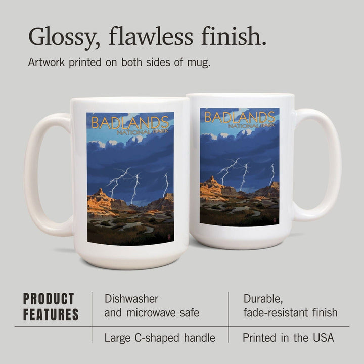 Badlands National Park, South Dakota, Lightning Storm, Lantern Press Artwork, Ceramic Mug Mugs Lantern Press 