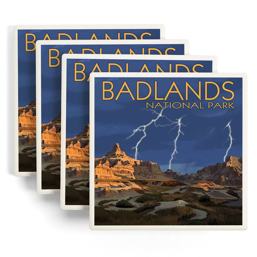 Badlands National Park, South Dakota, Lightning Storm, Lantern Press Artwork, Coaster Set Coasters Lantern Press 