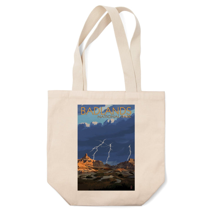 Badlands National Park, South Dakota, Lightning Storm, Lantern Press Artwork, Tote Bag Totes Lantern Press 