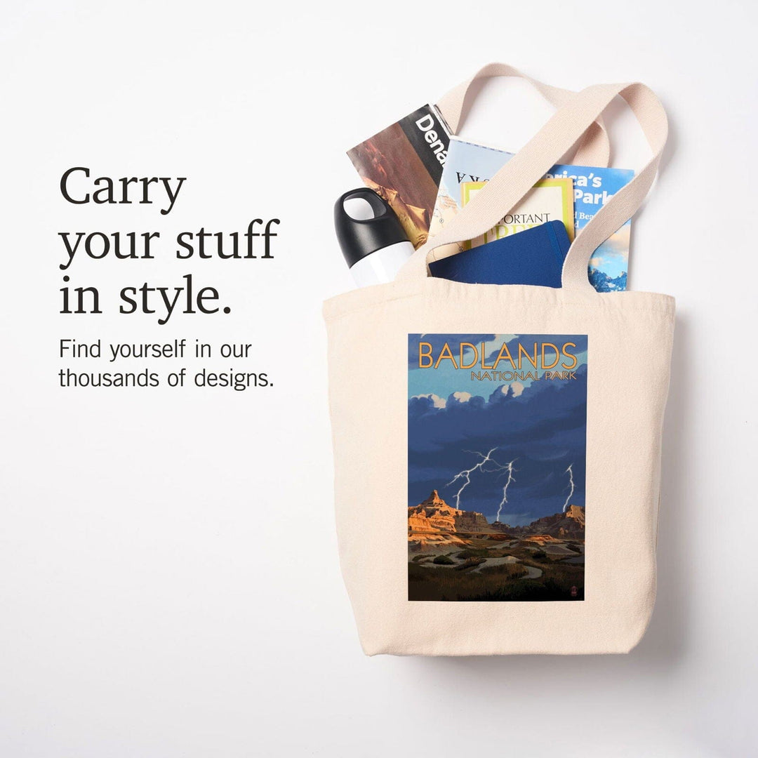 Badlands National Park, South Dakota, Lightning Storm, Lantern Press Artwork, Tote Bag Totes Lantern Press 