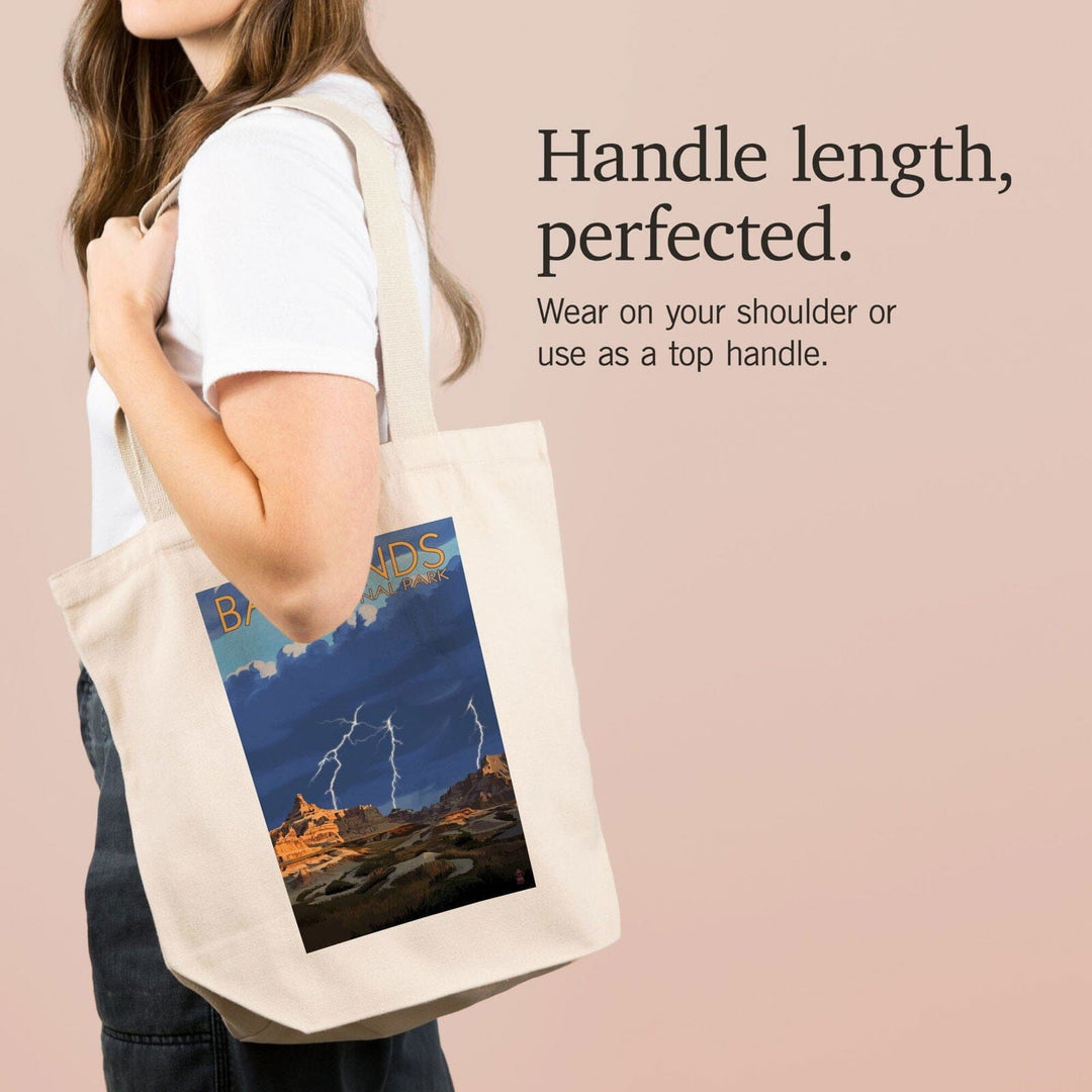 Badlands National Park, South Dakota, Lightning Storm, Lantern Press Artwork, Tote Bag Totes Lantern Press 