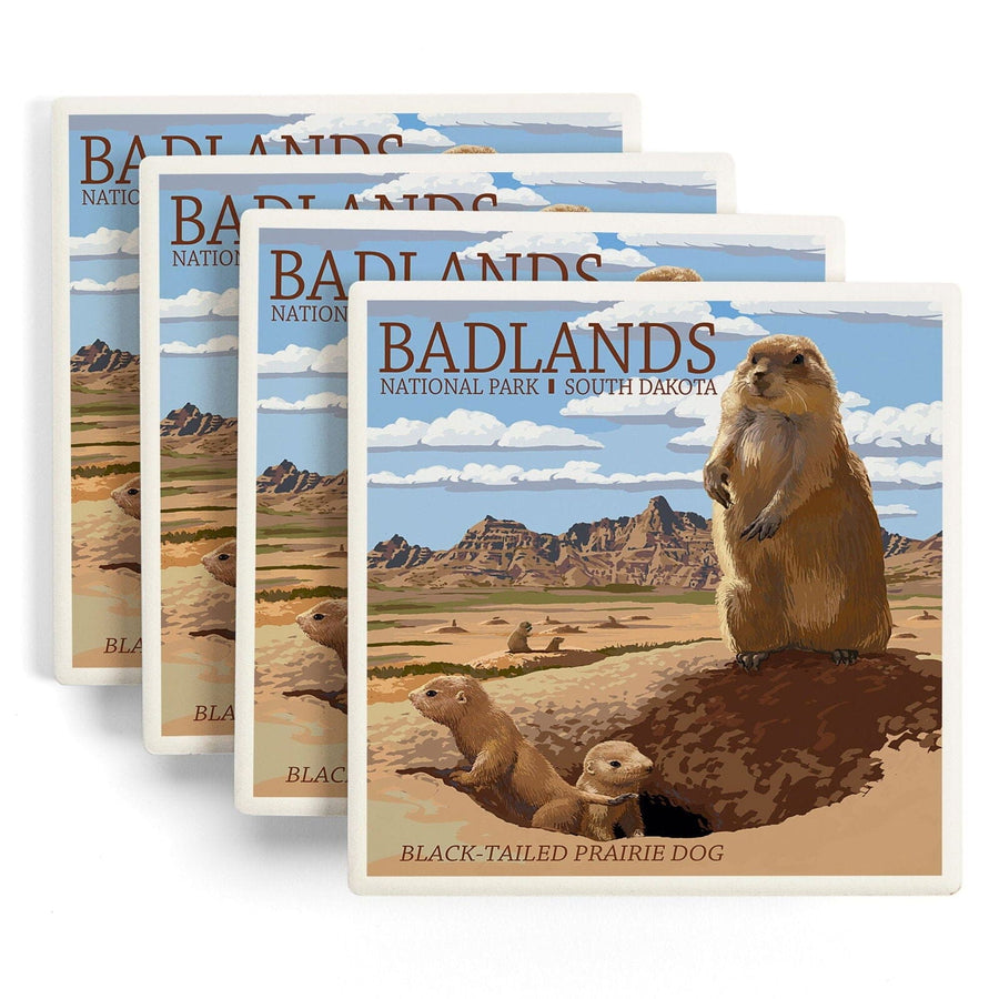 Badlands National Park, South Dakota, Prairie Dogs, Lantern Press Artwork, Coaster Set Coasters Lantern Press 