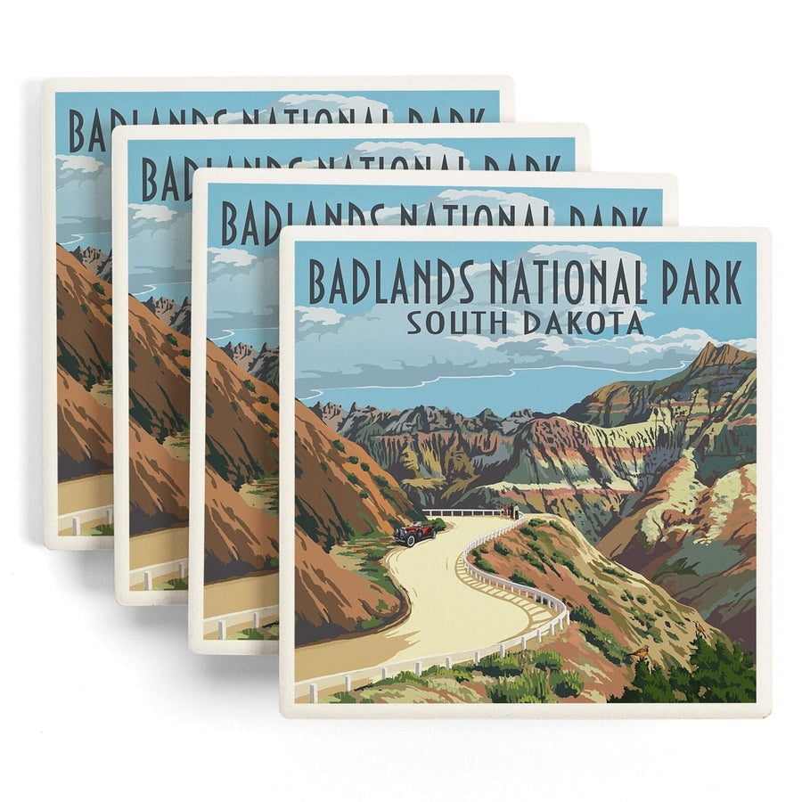 Badlands National Park, South Dakota, Road Scene, Lantern Press Artwork, Coaster Set Coasters Lantern Press 