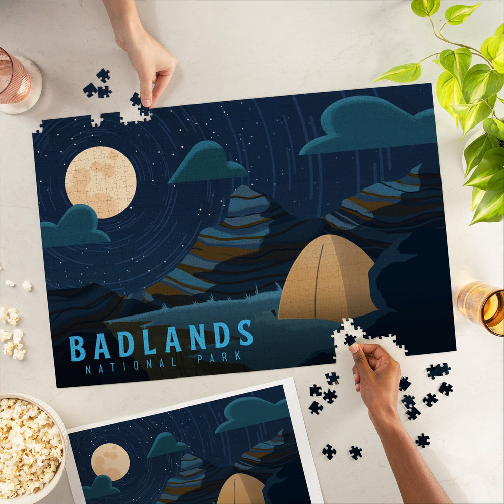Badlands National Park, South Dakota, Sleep Under The Stars, Tent and Moon, Jigsaw Puzzle Puzzle Lantern Press 