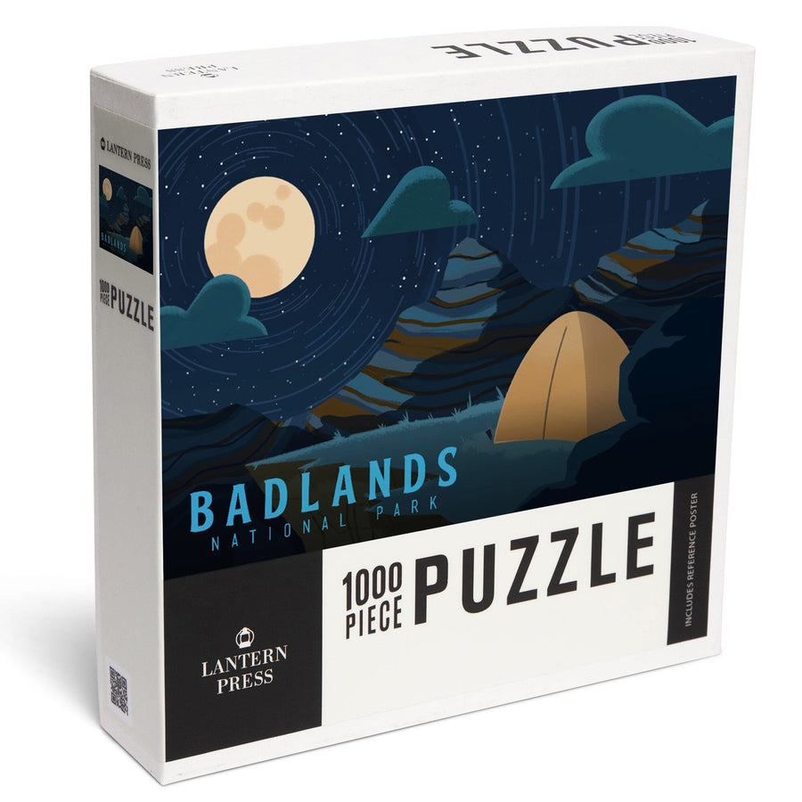 Badlands National Park, South Dakota, Sleep Under The Stars, Tent and Moon, Jigsaw Puzzle Puzzle Lantern Press 