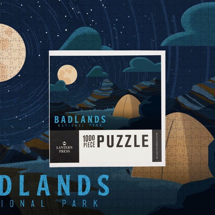 Badlands National Park, South Dakota, Sleep Under The Stars, Tent and Moon, Jigsaw Puzzle Puzzle Lantern Press 