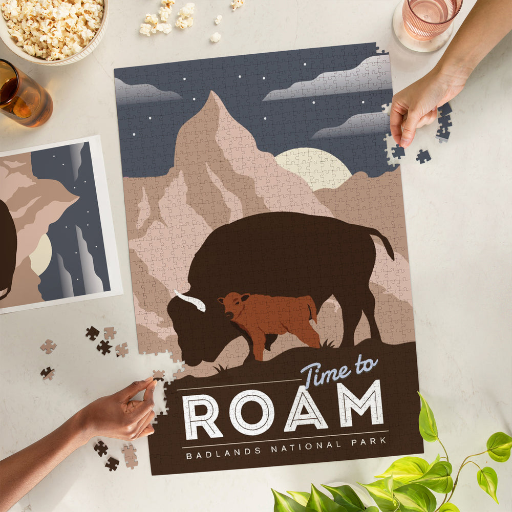 Badlands National Park, South Dakota, Time To Roam, Bison and Calf, Night Scene, Jigsaw Puzzle Puzzle Lantern Press 