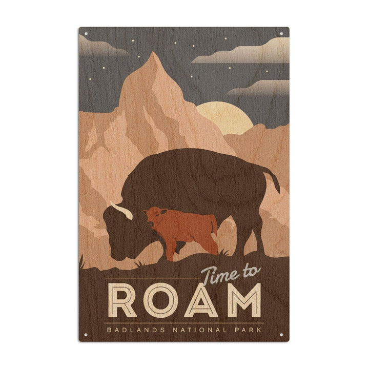 Badlands National Park, South Dakota, Time To Roam, Bison and Calf, Night Scene, Lantern Press Artwork, Wood Signs and Postcards Wood Lantern Press 10 x 15 Wood Sign 