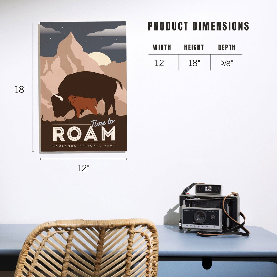 Badlands National Park, South Dakota, Time To Roam, Bison and Calf, Night Scene, Lantern Press Artwork, Wood Signs and Postcards Wood Lantern Press 