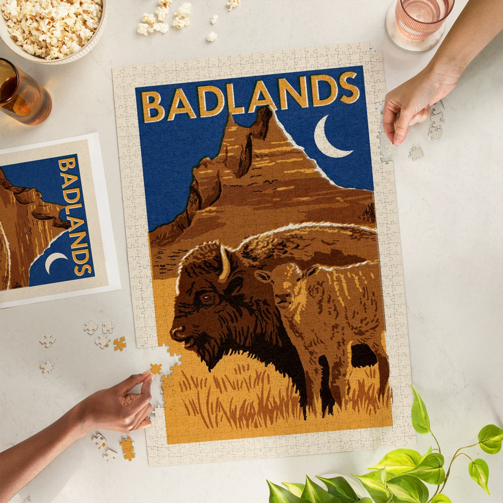 Badlands National Park, Woodblock, Jigsaw Puzzle Puzzle Lantern Press 