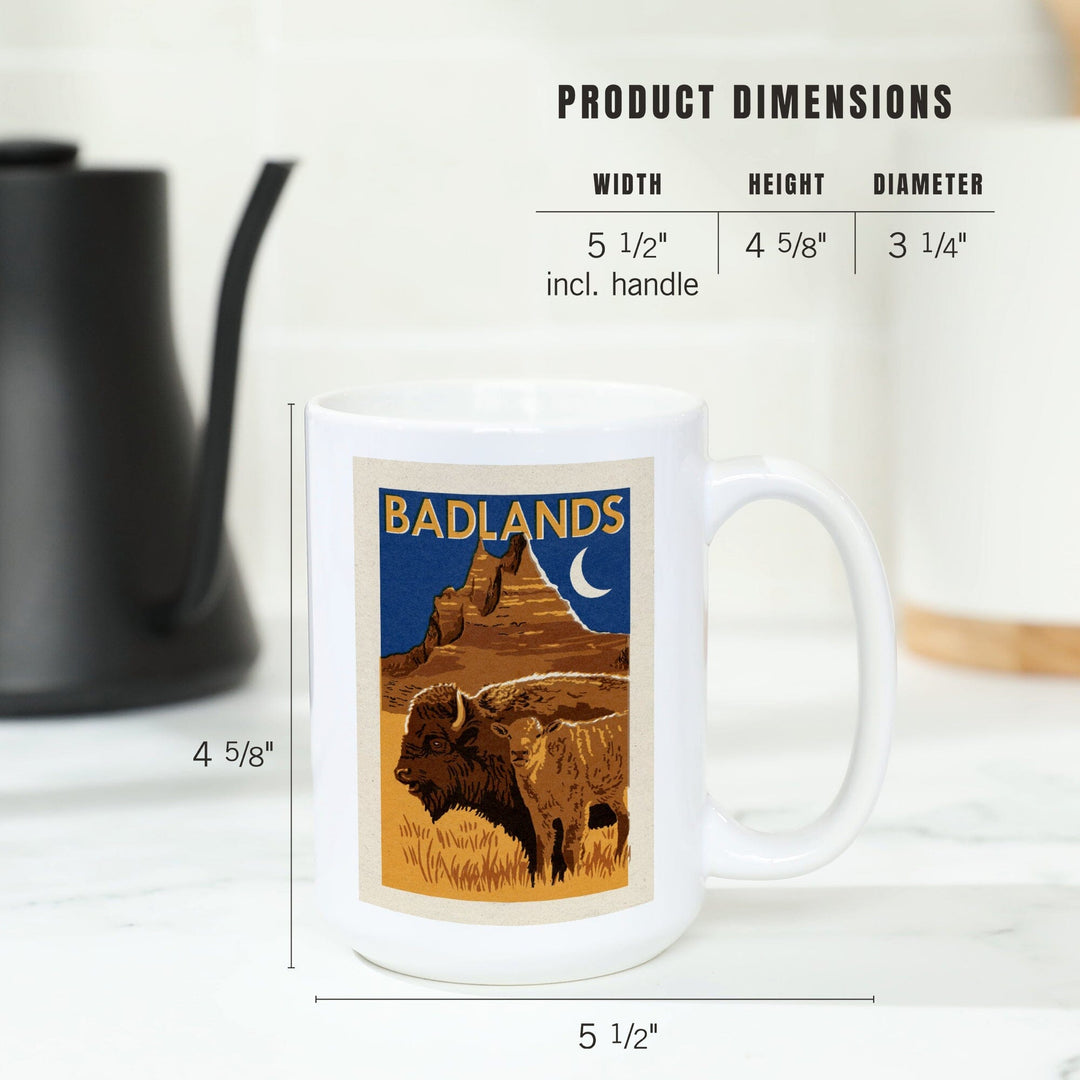 Badlands National Park, Woodblock, Lantern Press Artwork, Ceramic Mug Mugs Lantern Press 