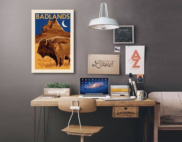 Badlands National Park, Woodblock, Lantern Press Artwork, Stretched Canvas Canvas Lantern Press 