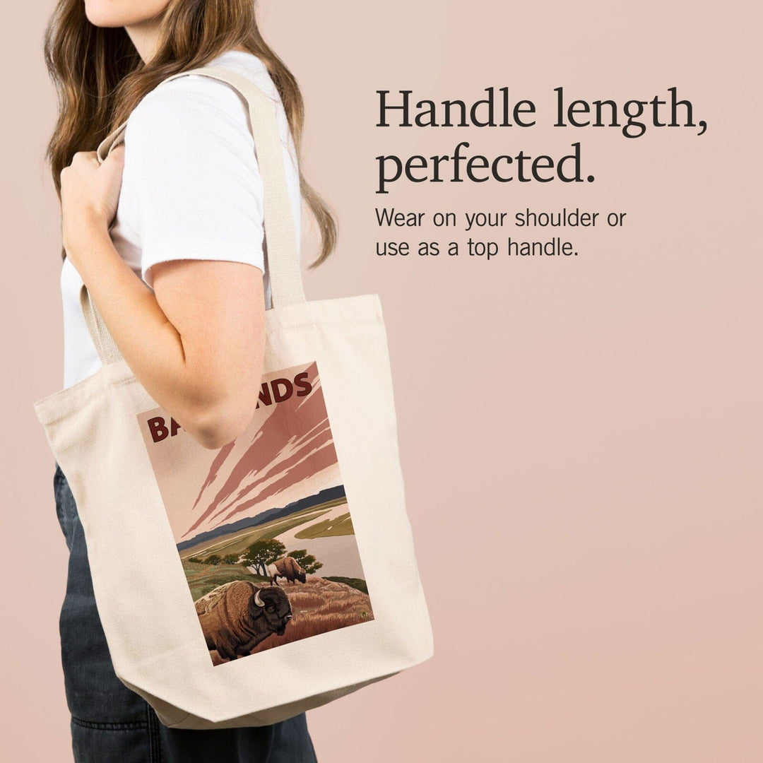 Badlands, North Dakota, Bison and Buttes, Lantern Press Artwork, Tote Bag Totes Lantern Press 