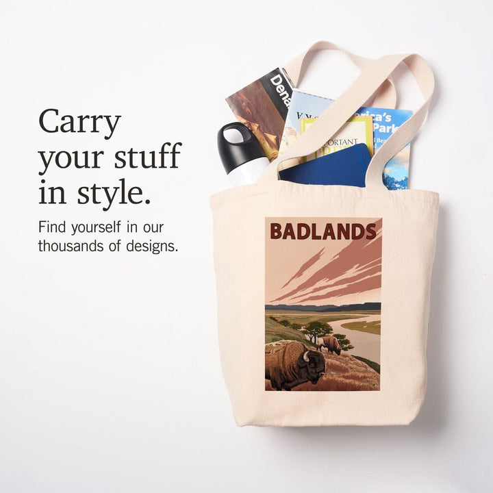 Badlands, North Dakota, Bison and Buttes, Lantern Press Artwork, Tote Bag Totes Lantern Press 