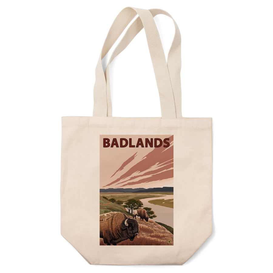 Badlands, North Dakota, Bison and Buttes, Lantern Press Artwork, Tote Bag Totes Lantern Press 